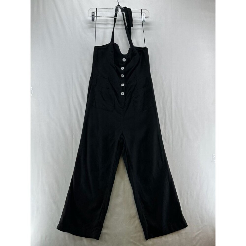 Skylar + Madison Jumpsuit S Linen Cotton Faux Button Front Halter Cropped Black